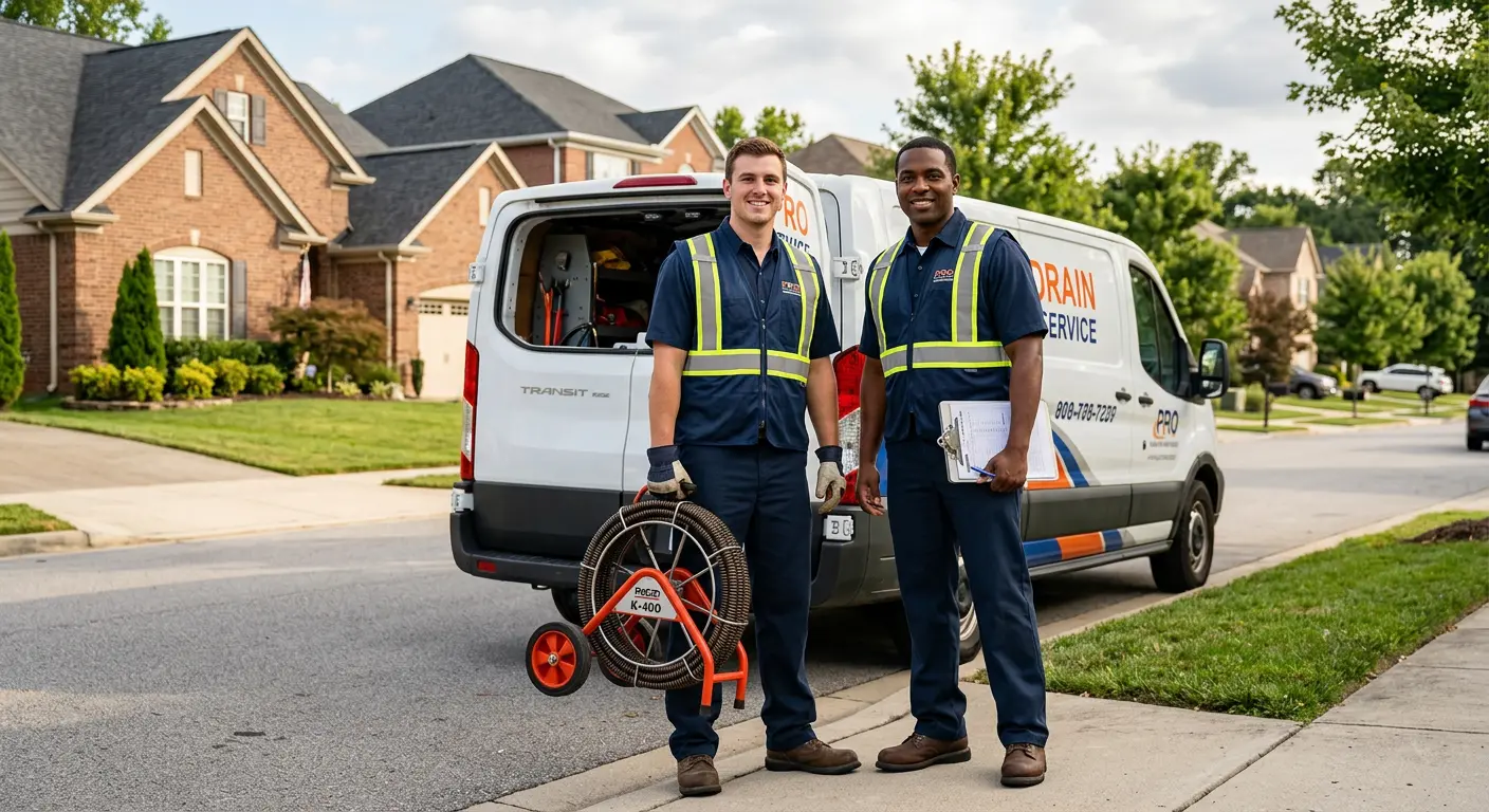 Sewer and drain service team with equipment ready for work in Mebane