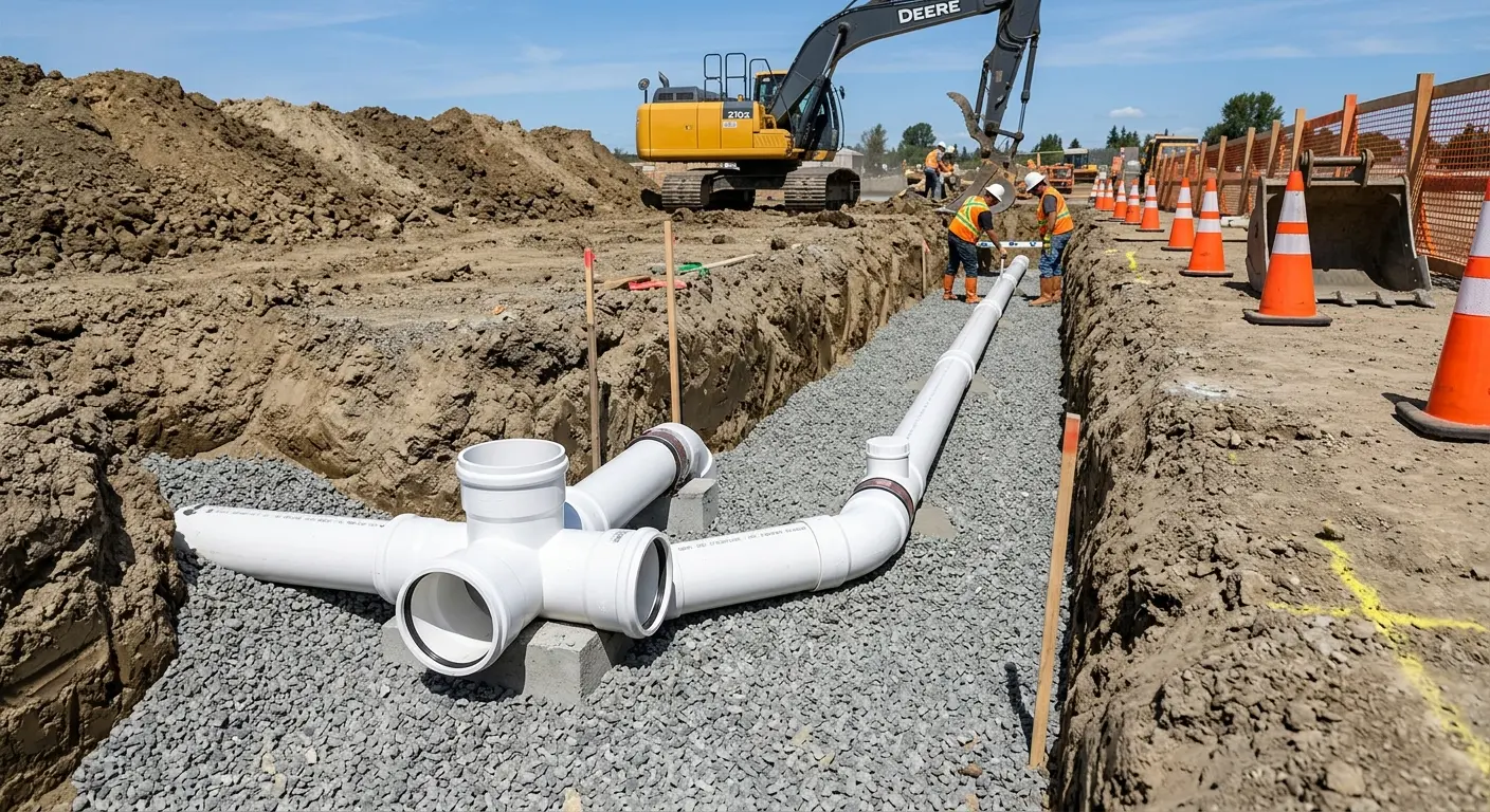 New PVC sewer pipe installation in open trench for Commercial Drain Cleaning in Mebane